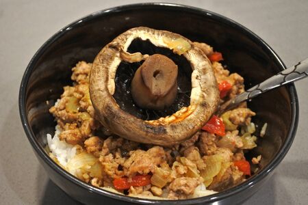 Chicken and mushrooms with rice Asian dish served in a bowl.の写真素材