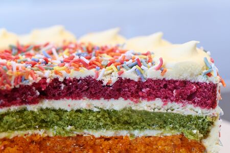 Slice of Rainbow cake served served on rainbow theme party.の写真素材