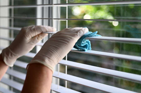 Hands of a female cleaner removing dust from Venetian window blinds at home