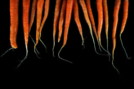 Flat lay of carrots isolated on black backgroundの写真素材