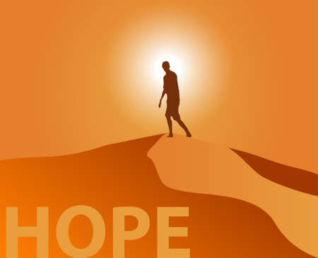 Silhouette of a man climbing up a sand dune at sunset looking towards the horizon. Stock illustration vector representing hope, exploration and freedom.のイラスト素材