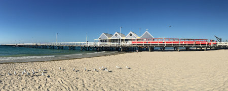BUSSELTON, WA - DEC 12 2020: Panoramic view of Busselton jetty.Busselton Jetty is the longest timber-piled jetty (pier) in the southern hemisphere at 1,841 metres (6,040 ft) long.のeditorial素材