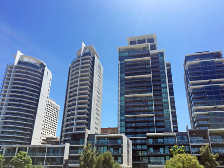 PERTH, WA - JAN 26 2021:Apartment buildings in Perth CBD. Perth property price falling 7.5 per cent for 2020, the highest drop of the nation, with Melbourne following close behind at 7.3 per cent.のeditorial素材