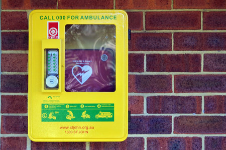 PERTH, WA - AUG 06 2021:Heartstart Defibrillator.Defibrillation is a treatment for life-threatening...