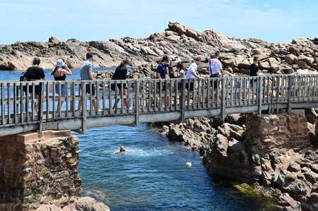 YALLINGUP, WA - FEB 03 2022:Group of tourists walking over a wooden bridge in Wyadup Rocks near...