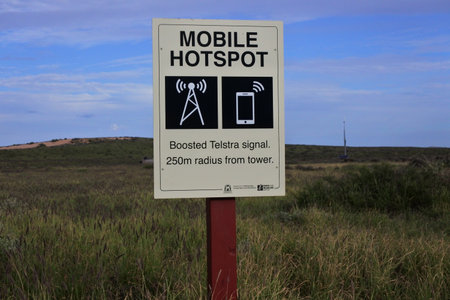 CARNARVON, WA - MAY 10 2022:Mobile hot spot sign in remote location in Western Australia.Mobile hotspots are devices that connect to a cellular network, like 4G or 5G.のeditorial素材
