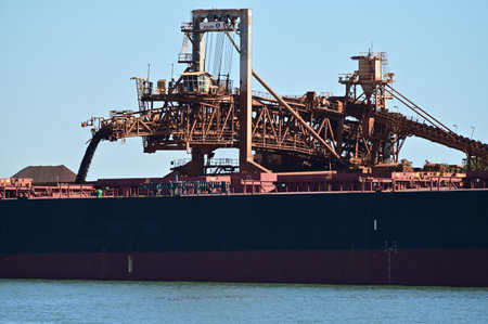 PORT HEDLAND, WA - JUNE 24 2022:Loading Berthed Iron Ore Ship, Port Hedland, Western Australia.The...