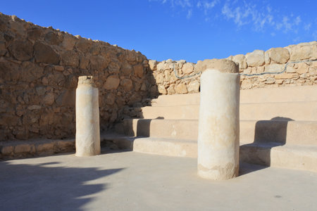 MASADA, ISR - NOV 10 2022:Two pillars at Masada synagogue in the holy land Israel. King Herod the Great built two palaces for himself on the mountain and fortified Masada between 37 and 31 BCE.のeditorial素材