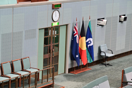 CANBERRA, ACT - MAR 16 2023:Australian flags at The House of Representatives inside Australia Parliament House.It is made up of 151 members. Each member represents one of Australia's 151 electorates.のeditorial素材