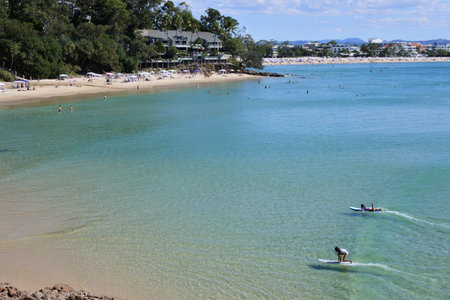 NOOSA HEADS, QLD - APR 14 2023:Aerial landscape view of Noosa Heads coastal town main beach, a very popular holiday destination in Queensland, Australia.のeditorial素材