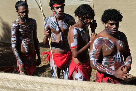 LAURA,QLD - JULY 08 2023:Aboriginal Australians prepare for ceremonial dance in Laura Quinkan Dance...