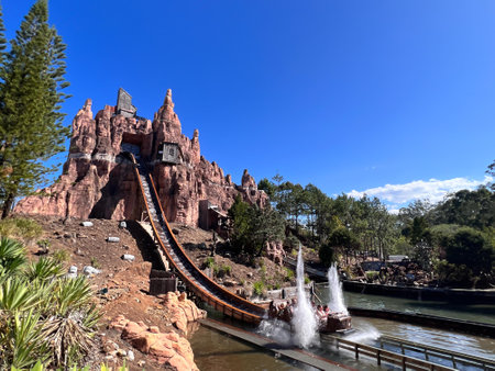 GOLD COAST, AUS - OCT 10 2023:Tourists ride on Wild West Falls Adventure Ride in Movie World Gold Coast Queensland Australia.The ride drop is the largest of its kind in Australia.のeditorial素材