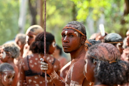 LAURA,QLD - JULY 08 2023:Indigenous Australians people during ceremonial dance in Laura Quinkan Dance Festival Cape York Queensland Australia. Ceremonies combine dance,body decorations and costumes.のeditorial素材