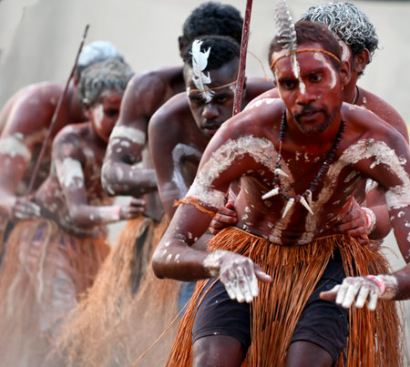 LAURA,QLD - JULY 08 2023:Indigenous Australians men during ceremonial dance in Laura Quinkan Dance...