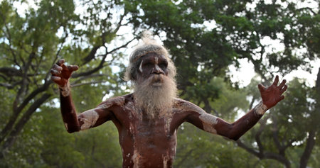 LAURA,QLD - JULY 08 2023:Active senior Indigenous Australians man on ceremonial dance in Laura Quinkan Dance Festival Cape York Australia. Ceremonies combine dance, song, rituals, body decorations and costumesのeditorial素材