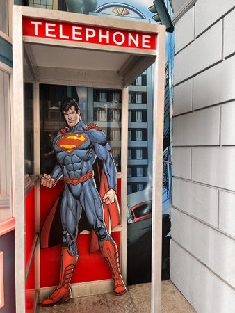 GOLD COAST - NOV 03 2023:Superman in telephone booth.Superman is the archetype of the superhero:he wears an outlandish costume, uses a code name and fights evil with the aid of extraordinary abilitiesのeditorial素材