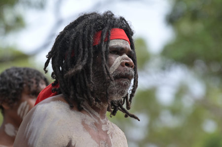 LAURA,QLD - JULY 08 2023:Indigenous Australians men on ceremonial dance in Laura Quinkan Dance...