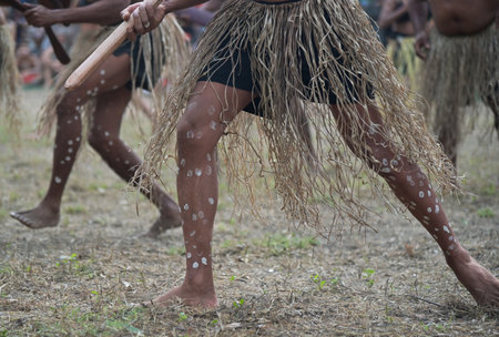 LAURA,QLD - JULY 08 2023:Indigenous Australians men on ceremonial dance in Laura Quinkan Dance...
