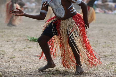 LAURA,QLD - JULY 08 2023:Indigenous Australians man on ceremonial dance in Laura Quinkan Dance...