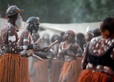 LAURA,QLD - JULY 08 2023:Indigenous Australians men on ceremonial dance in Laura Quinkan Dance Festival Cape York Australia. Ceremonies combine dance, song, rituals, body decorations and costumesのeditorial素材