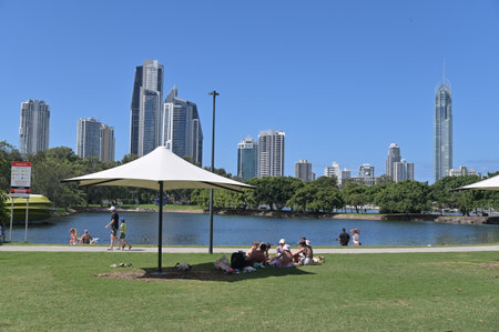 SURFERS PARADISE, QLD - APR 12 2024:Australian families having fun in Evandale lake in Surfers Paradise the Gold Coast's entertainment and tourism centre.のeditorial素材