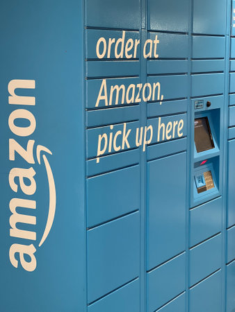 BRISBANE - MAR 05 2024:Blue Amazon Parcel Locker kiosk. As of June 2018, Lockers were available in over 2,800 locations in 70+ cities worldwide.のeditorial素材