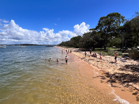 BRISBANE - MAR 29 2023:Aerial view of Australian people having fun on a beach in Coochiemudlo Island.In Queensland, Australia, there is a general possession limit of 20 for all tidal species.のeditorial素材