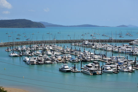 Aerial view of many yachts and sailboats moored at Coral Sea Marina Airlie Beach Whitsundays Queensland Australiaの写真素材