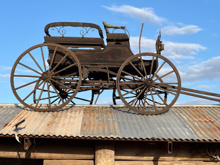 Old horse wagon on roof of an old farm in the outback of Queensland, Australia.の写真素材