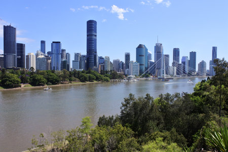 Aerial urban landscape view from Kangaroo Point Park of Brisbane rive and the skyline of Brisbane capital city of Queensland, Australiaの写真素材