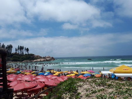 Tropical beach with colorful umbrellas and sunbedsの写真素材