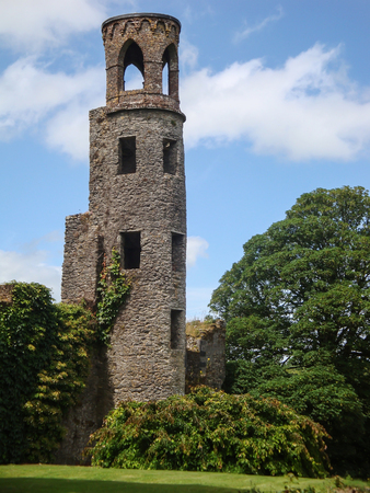 medieval stone tower amidst lush vegetationの写真素材