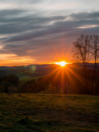 Morning sunrise over the Czech mountains in autumn.の写真素材