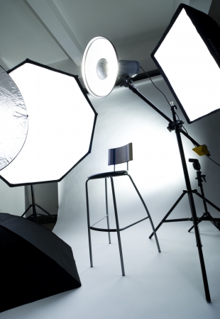 Photo studio setup with lighting equipmentの写真素材