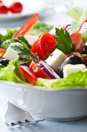 Greek salad with feta, cherry tomatoes and black olivesの写真素材