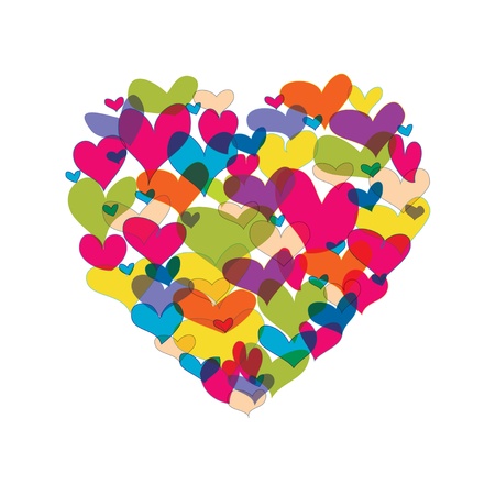 Vector illustration. Heart shape from many colorful hearts on white backgroundのイラスト素材