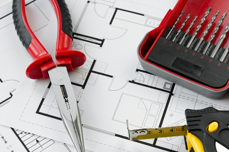 Building plan with selection of construction tools