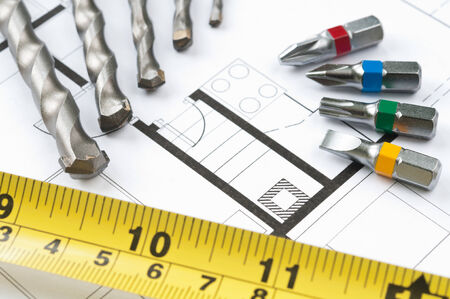 Building plan with selection of construction tools