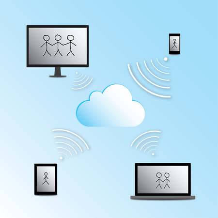 Vector illustration - cloud computing concept with desktop computer, laptop, tablet and cellphone