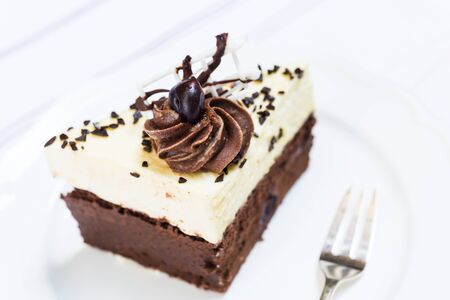 Close up of portion of black forest pie on white plate