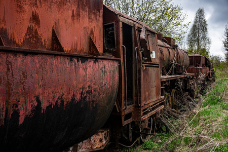 Rusted steam locomotive with coal car abandoned at train cemetery on old rail track.の写真素材