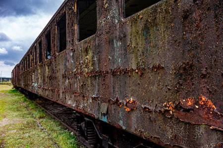 Old rusty passenger railway carriage abandoned on train cemetery fieldの写真素材