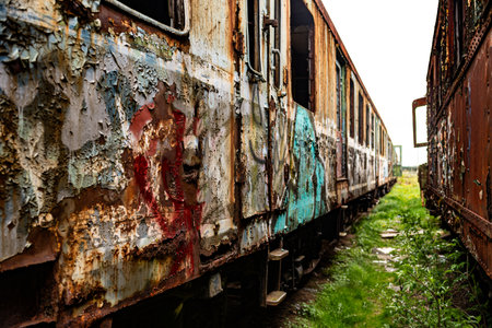 Perspective shot of old damaged trains and wagons, vintage background very shallow depth of fieldの写真素材