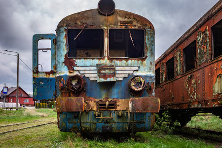 An old rusty train on a cloudy day with a blue sky.の写真素材