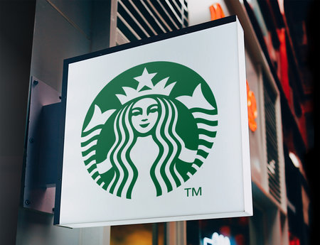 May 12, 2020, Brazil. In this photo illustration the Starbucks logo is seen on a billboard.のeditorial素材