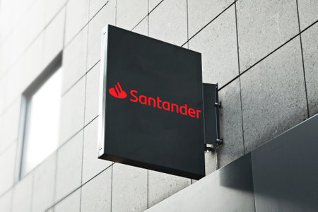 May 22, 2020, Brazil. In this photo illustration the facade of the Banco Santander.のeditorial素材