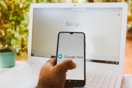 June 7, 2020, Brazil. In this photo illustration the Google Meet logo is displayed on a smartphone.のeditorial素材