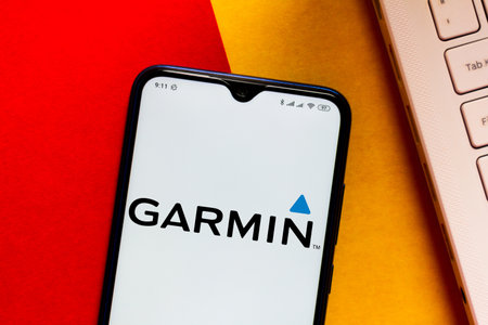 June 8, 2020, Brazil. In this photo illustration the Garmin logo seen displayed on a smartphone.のeditorial素材