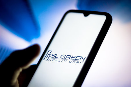 July 3, 2020, Brazil. In this photo illustration the SL Green Realty logo seen displayed on a smartphoneのeditorial素材