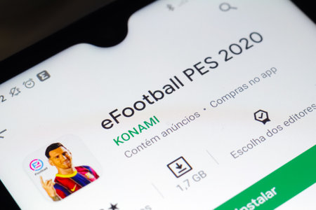 October 9, 2020, Brazil. In this photo illustration the eFootball PES 2020 logo seen displayed on a smartphoneのeditorial素材